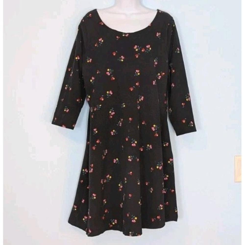 Old Navy Stretch Knit Dress Black Floral Knee Length Women's XL Comfort Cotton